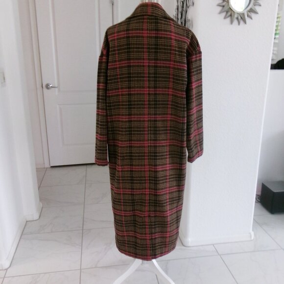 New Wild Fable Wool Blend Plaid Oversize Midi Coat Brown Tan Fuchsia Pink S / M - Picture 7 of 14